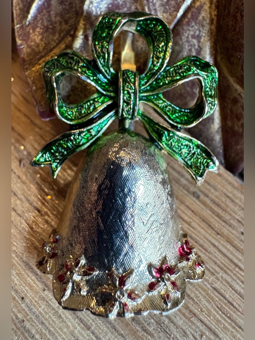 ORM Original Roman Vintage Christmas Bell Brooch Green Bow Holiday 1970s VTG Pin